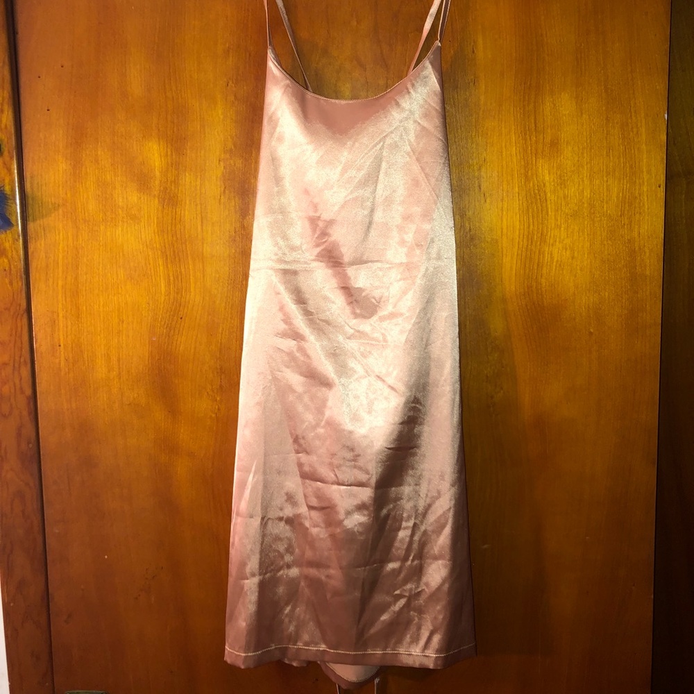PRETTYLITTLETHING SARNA NUDE TIE BACK SILKY DRESS